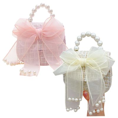 Wedhapy Mini Purse 2Pcs Kids Purse with Bowknot, 5x5x2 Girls with Pearl Handle for Little Girls, Cute Fashion Princess Handbags, Detachable Gold Chain