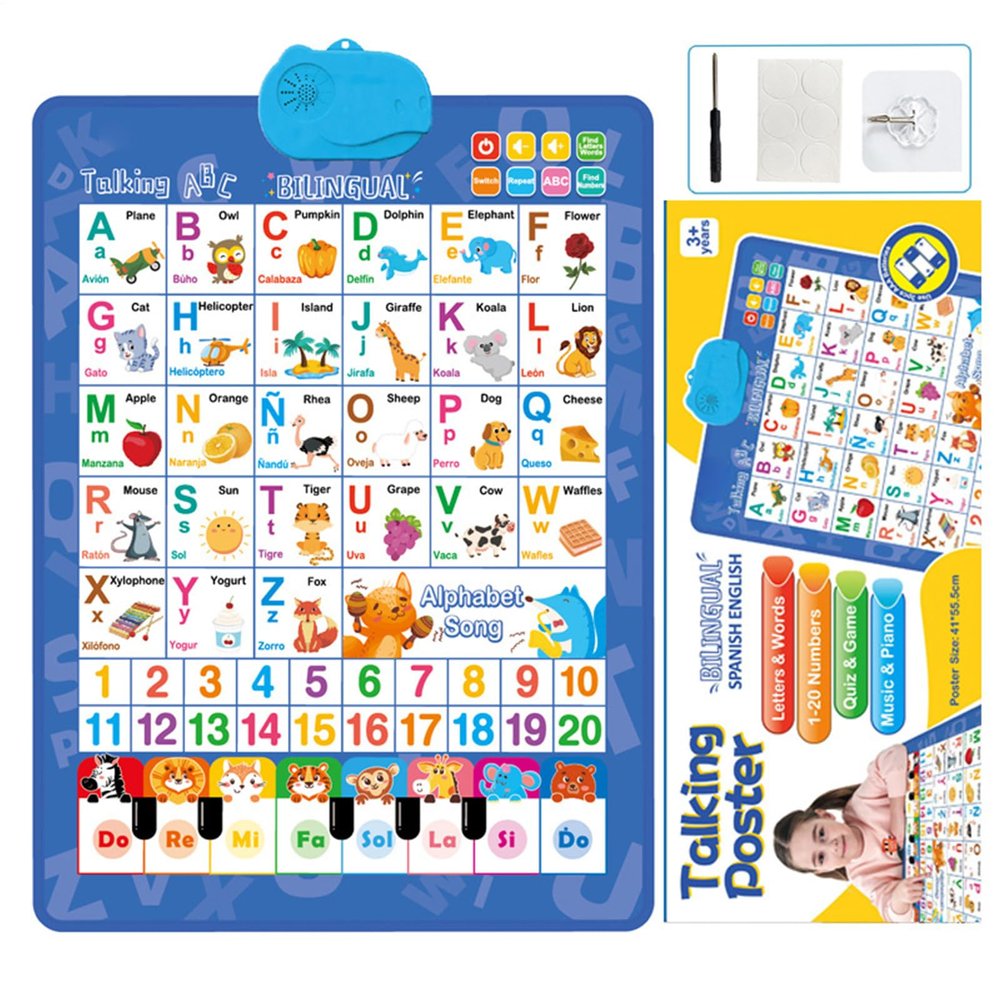 2025 New Talking Wall Chart for Kids, English and Spanish Learning Poster with Sounds, Electronic Bilingual Alphabet Numbers Interactive Wall Chart, Educational Learning Toys for Boy Girl(Blue)