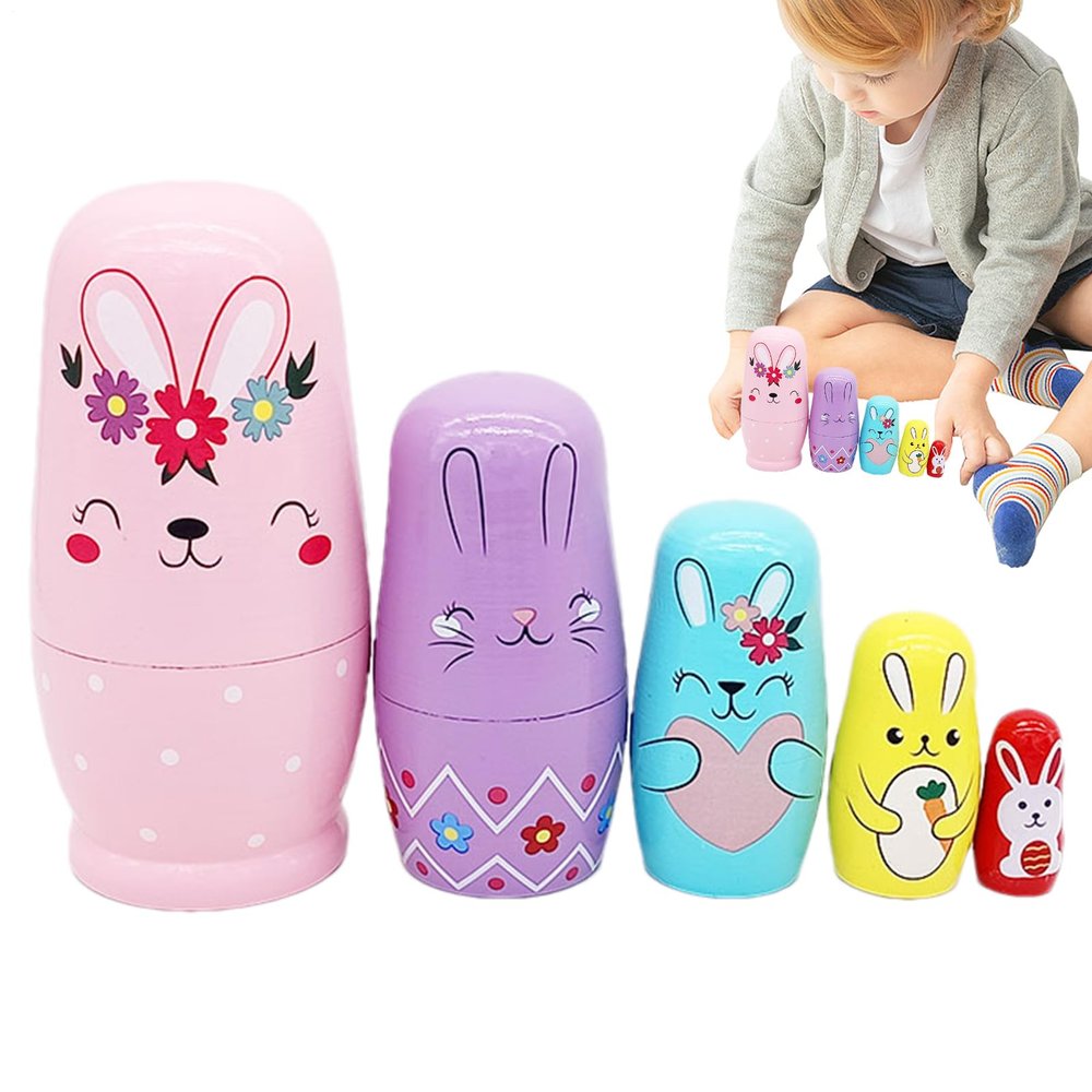 Rabbits Nesting Dolls  Wood | Russian Nesting Doll | Rabbit Wooden NES-ting Doll Handmade Cartoon Stacking Dolls for Kids Educational Stacking Playsets Boys Girls Cartoon Home Decoration Ornament