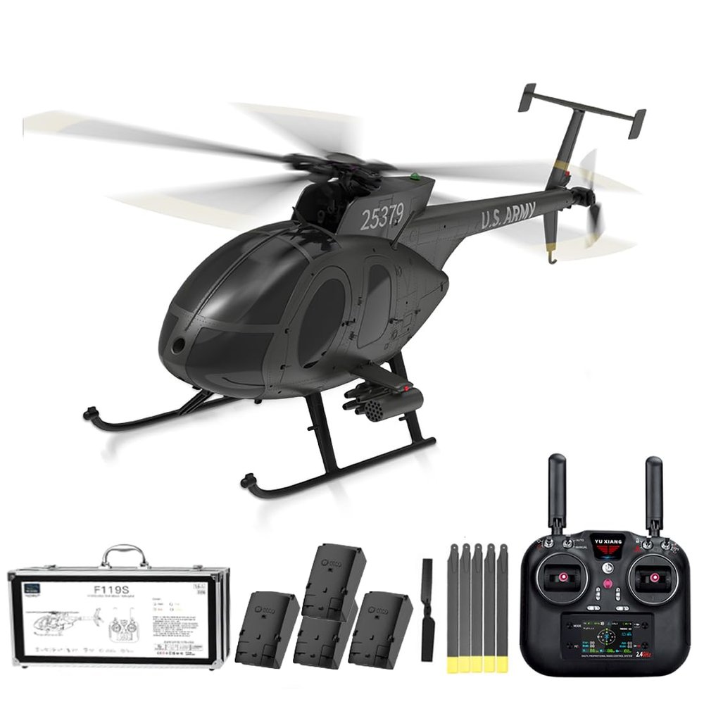 Actualia YU Xiang F119S MD500 Little Bird RC Helicopter, 1/16 Scale 9CH Flybarless Brushless GP/S & Optical Flow Helicopter, 6G/3D Flight Modes Openable Cockpit Military Aircraft Model (RTF)