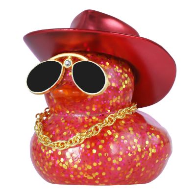 BOZILY Glitter Rubber Ducks Red Rubber Duck with Red Denim Cowboy Hat & Diamond Glasses - Stress Relieving Duck Car Accessories for Dashboard, Office, Home Decor - Unique Gifts for Adults