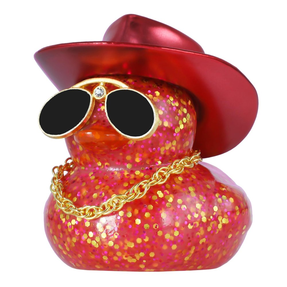 BOZILY Glitter Rubber Ducks Red Rubber Duck with Red Denim Cowboy Hat & Diamond Glasses - Stress Relieving Duck Car Accessories for Dashboard, Office, Home Decor - Unique Gifts for Adults