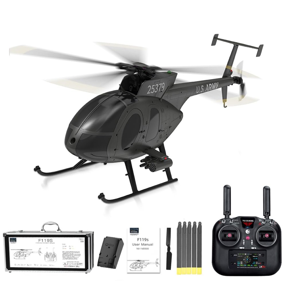 Actualia YU Xiang F119S MD500 Little Bird RC Helicopter, 1/16 Scale 9CH Flybarless Brushless GP/S & Optical Flow Helicopter, 6G/3D Flight Modes Openable Cockpit Military Aircraft Model (RTF)