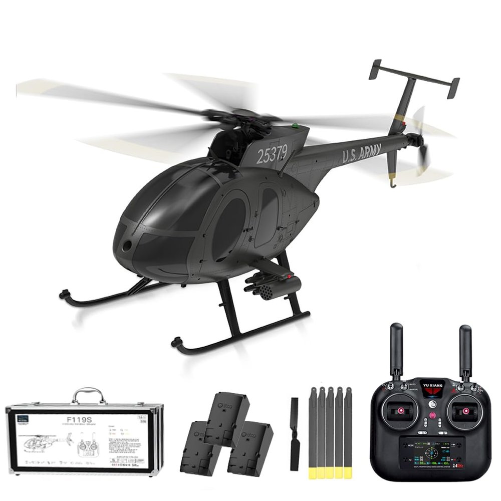 Actualia YU Xiang F119S MD500 Little Bird RC Helicopter, 1/16 Scale 9CH Flybarless Brushless GP/S & Optical Flow Helicopter, 6G/3D Flight Modes Openable Cockpit Military Aircraft Model (RTF)