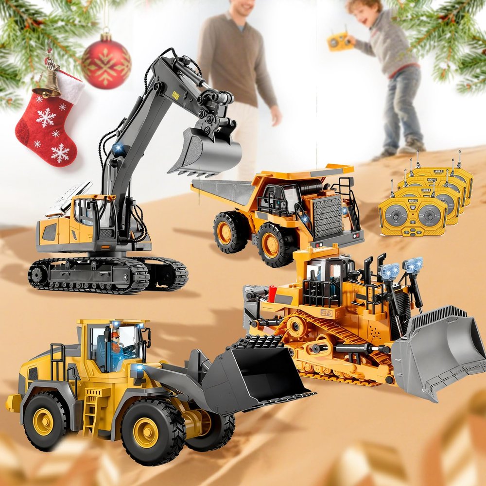 Construction Rc Set of 4 Alloy, Rc Semi Truck with Trailer and Excavator, 360 Rotation Realistic Engineering Design Remote Control Construction Vehicles Equipment with Lights and Sounds (1 Set)