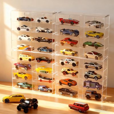 4-Pack Clear Display Case for 1/64 Scale Die-Cast Cars, Compatible with Hot Wheels & Matchbox, Wall-Mountable & Stackable Toy Car Storage Boxes, Holds 32 Cars, Dustproof, 6.5  7.5  1.6 in