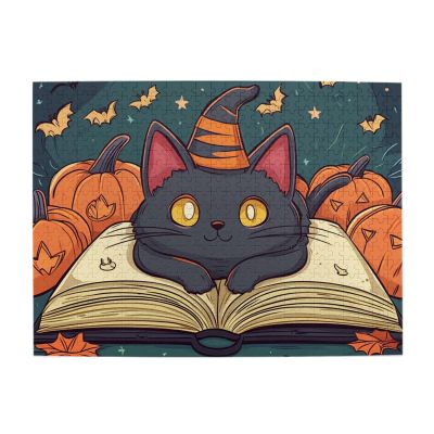 RMYRHQ Cat Pumpkin&Book Art Wooden Puzzles for Adults 500 Pieces Cartoon Grey Cat Yellow Eyes Open Book Oranges Pumpkins Bats&Fall Leaves Design for Adults Pet Lovers Holiday Decor&Easter Gifts