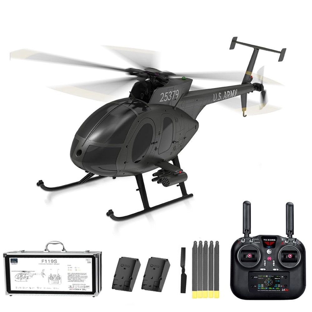 HOENTECH YUXIANG F119S MD500 RC Helicopter, 1/16 Scale Little Bird 9CH Brushless Remote Control Helicopter with GS Assisted Flight & Optical Flow, 6G/3D RTF Military Aircraft Model for Hobbyist