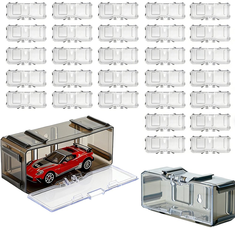 80-Pack Interlocking Toy Car Storage Case for 1/64 Scale Die-Cast Cars, Compatible with Hot Wheels & Matchbox Mini Cars, Clear Dustproof Stackable Display Organizer Box with Wall-Mount Holes (Black)
