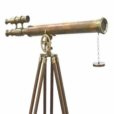 39" Vintage Nautical Double Barrel Shiny Brass Telescope Floor Standing - Antique Designer Telescope with Adjustable Tripod - Collectible Tripod Stand, Maritime Nautical Home Decor