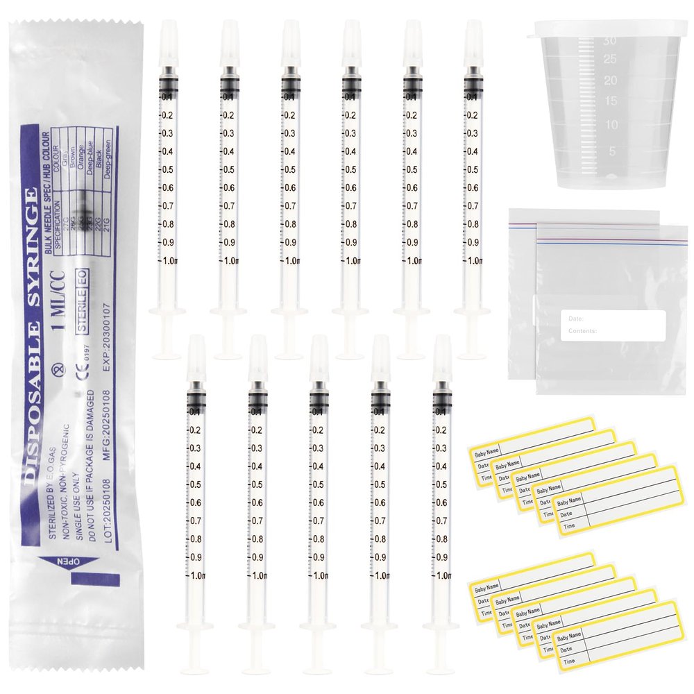 50 Sets 1ml Colostrum Syringes with Caps No Needle Colostrum Collector Kit Include 50pcs 1ml Sterile Syringes, 50 Labels, 5 Storage Bags and 1 Measuring Cup