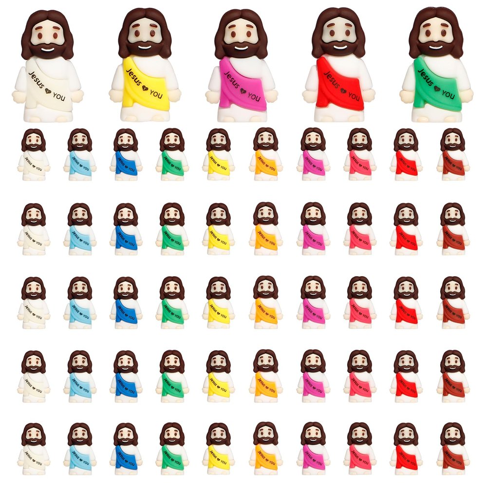 ajabavbd 50PCS Little Jesus Figures, 10 Color Tiny Jesus Figurines in Bulk, Mini Jesus Figure Religious Gifts for Easter Egg Stuffers Fillers, Christian Valentines Gifts for Kids Women Mom (50PCS)