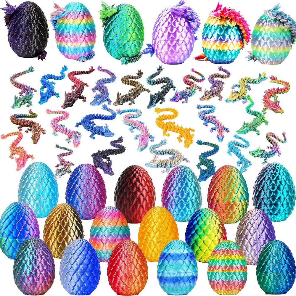 24Pcs 3D Printed Dragon Eggs with Articulated Dragon Inside, Bulk Mystery Crystal Dragon Toys for Kids Party Favors, Christmas Easter Basket Stuffers, School Classroom Rewards, Bulk Mystery Eggs