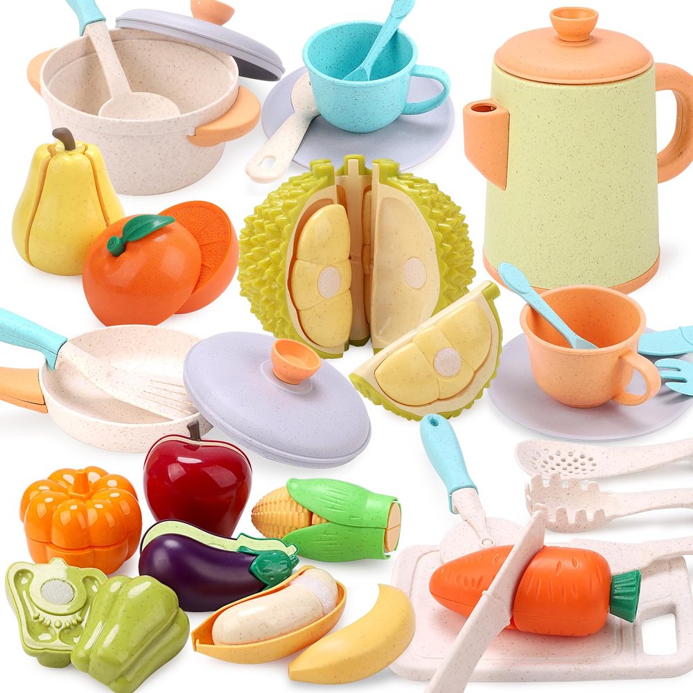 RUIDYA Play Kitchen Accessories, Kids Kitchen Pretend Play Role Play Cutting Fruit Food Toy & Cookware Pot & Pan Set, Toy for Girl Boy Age 3,4,5,6+,Children Cooking Utensil Vegetable Toy