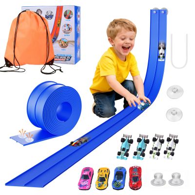 Flexible Race Track for Kids 3+, Flex Tracks 15 Ft Fun Set - DIY Flexible Car Track with 8 Race Cars & 4 Strong Suction Cups, Portable Blue Track Toy Birthday Gifts for Boys & Girls