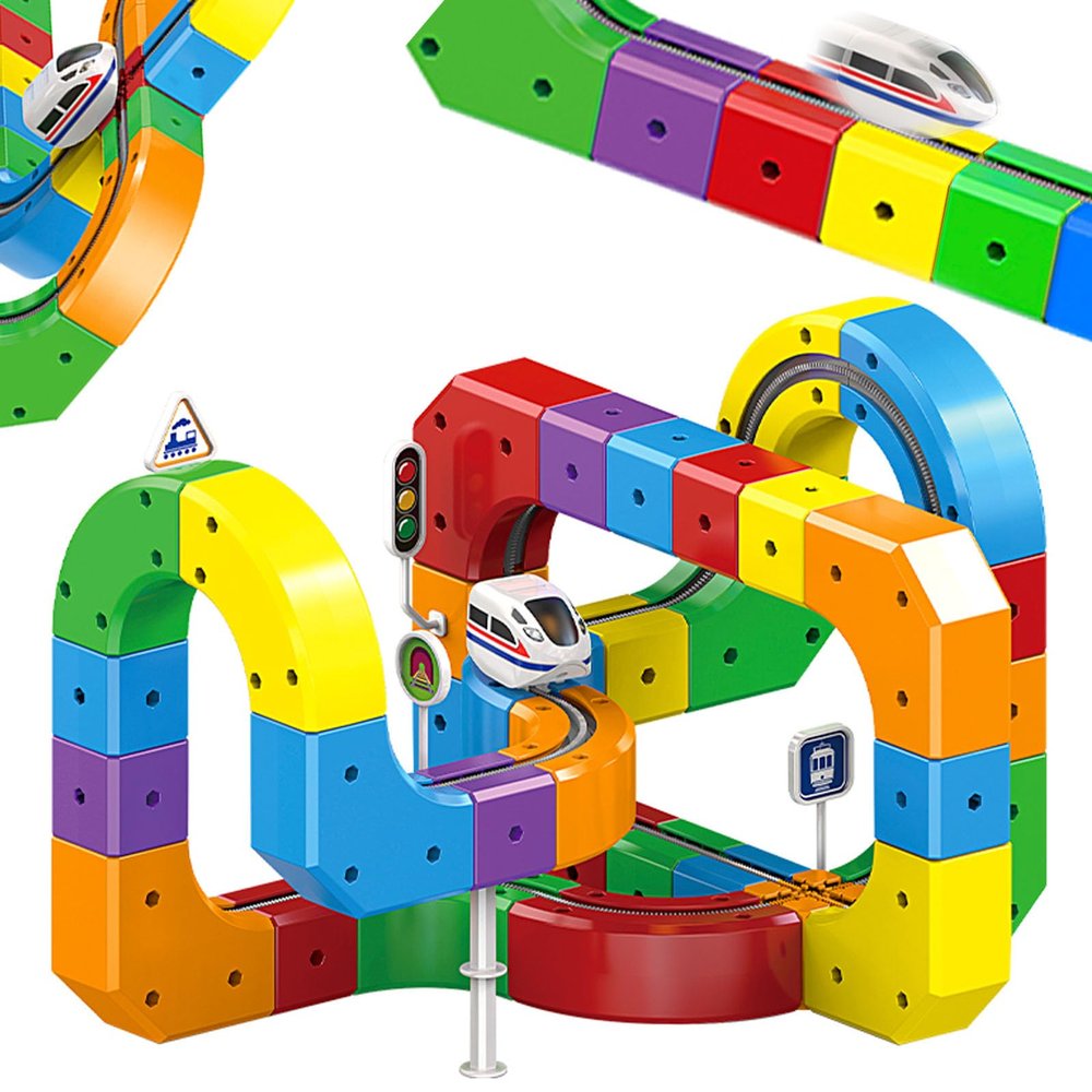 Electric Train Track Sets,DIY Race Car Track,Building Toy Train TrackMagic Cars Sets,Gravity Defying 3D Embedded Layouts & Motorized Car,for 3-8 Years Old Toddler Boys and Girls Birthday (81PCS)