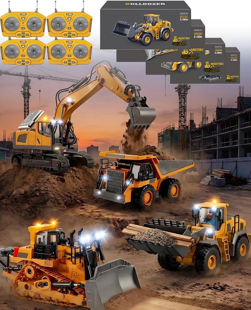 Mudsterz Construction Rc Set of 4, Rc Excavator for Adults, Command The Site Conquer The Dirt, Remote Control Excavators with 360 Rotation, Metal Parts, Little Builders, Big Action (4pcs)