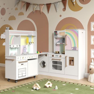 BVIUNTWO Large Play Kitchen Toy Set,Corner Rotatable Kids Kitchen Playset with Real Lights & Sounds,Toy Sink with Running Water,Interactive Role-Play Toy for Multiple Children,Ages 3+,White and Gold