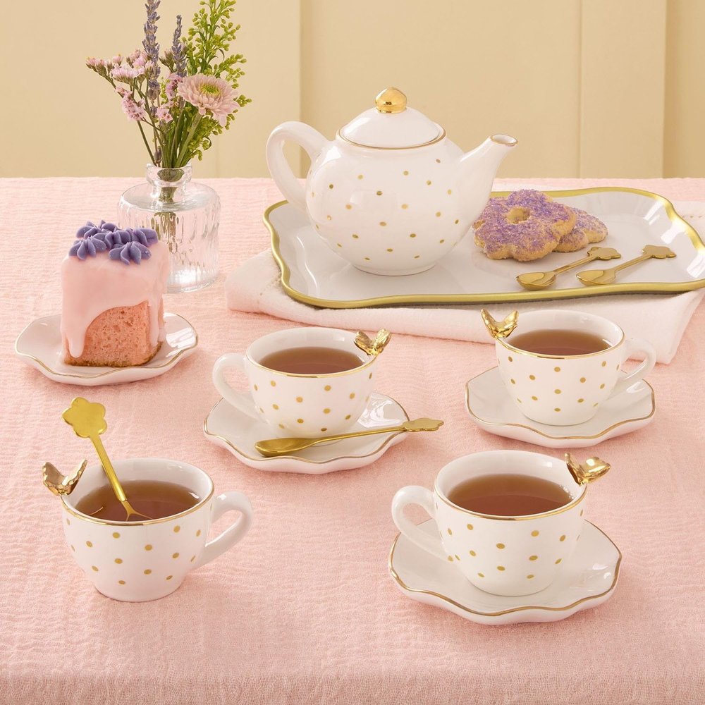 Member Mark Butterfly Porcelain Tea Set, 15 pc, Teapot, Cups, Plates, Spoons, Tray and Carrying/Storage Case, Made for Member's Mark (White)