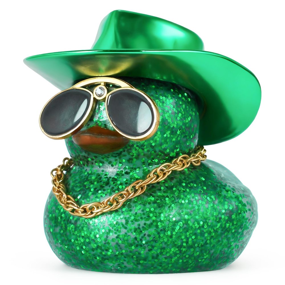 BOZILY Glitter Rubber Ducks with Cowboy Hat & Diamond Sunglasses - Car Dashboard Decor for Adults, DIY Accessory with Gold Necklace and Double-Sided Tape, Green, Squeaky Sound Decoration