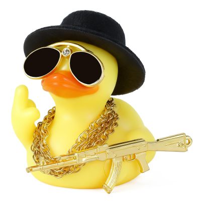 BOZILY Funny Rubber Duck with Accessories Kit - DIY Unique Car Dashboard Decor, Includes Top Hat, Sunglasses, 3 Gold Necklaces, AK47, Tape, Safe Rubber Material for Office, Gifts