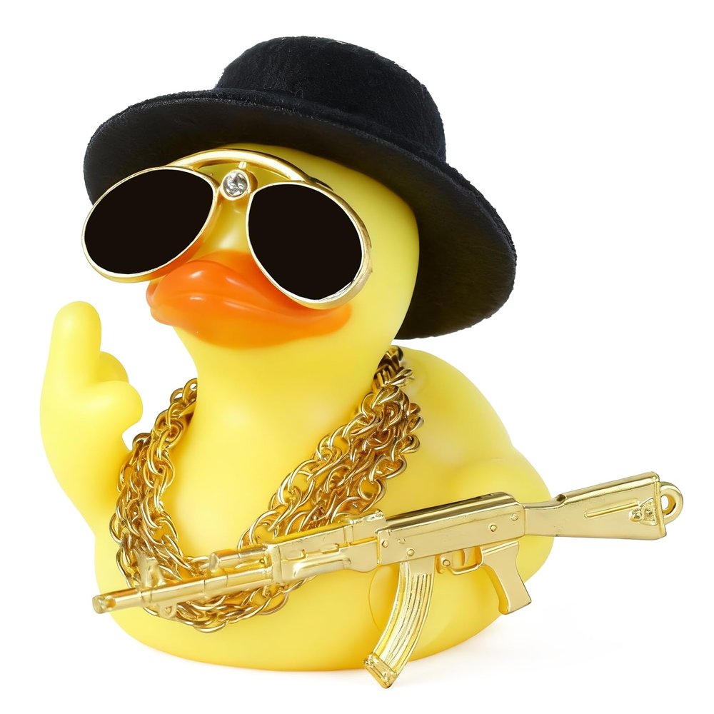 BOZILY Funny Rubber Duck with Accessories Kit - DIY Unique Car Dashboard Decor, Includes Top Hat, Sunglasses, 3 Gold Necklaces, AK47, Tape, Safe Rubber Material for Office, Gifts