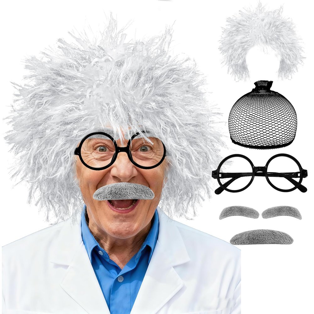6PCS Old Man Mad Scientist Wig Costume Set,Crazy Physicist Wigs Costume with Hair Net,Eyebrows,Mustache,Glasses Frame for Kids Boys 100th Day of School,Grandpa Cosplay Props,Dress up Supplies