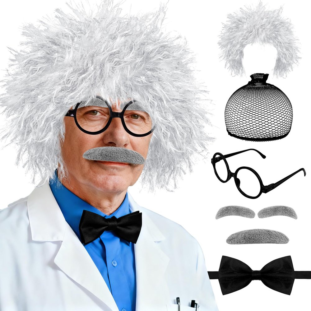7Pcs Old Man Mad Scientist Wig Set,Crazy Physicist Wigs Costume Grandpa Cosplay Props for Kids 100th Day of School,Halloween Dress up Accessories,Hair Net,Eyebrows,Mustache,Glasses Frame,Bow Tie