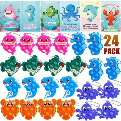 YCWKXJC Valentine's Day Cards for Kids School Exchange - 24 Pack Non-Candy Gift Set with Pop Fidget Keychains & Bags