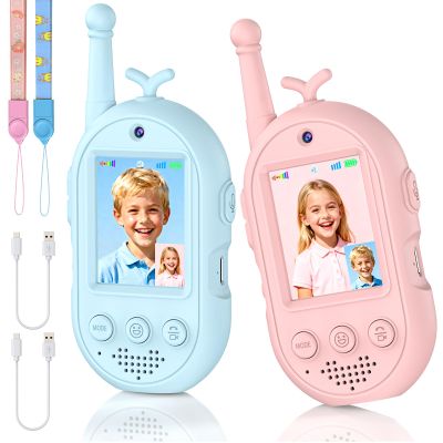 Video Walkie Talkies for Kids - 2 Pack Rechargeable Kids Video Walkie Talkies with Voice Changer & Sticker Effect, Long Range Toys Indoor Outdoor, Birthday Gift for Boys Girls Ages 3-12 (Blue & Pink)