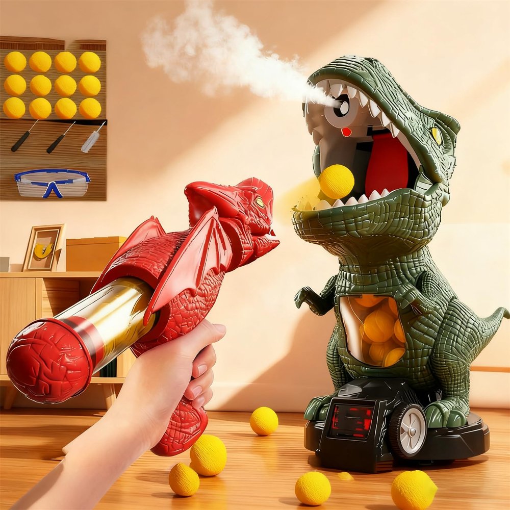 Chompshot Dinosaur, Dinosaur Shooting Blaster Toys, Movable Target Game with 2 Air Pump Launchers, LCD Score Record, Sound & 48 Foam Balls, Interactive Competition (Blaster *1)