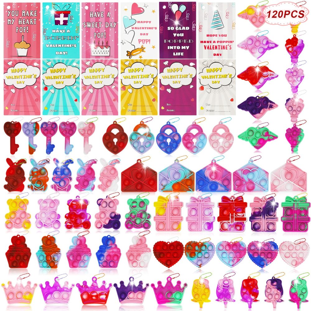 120 Pack Valentines Day Gifts for Kids, Valentines Cards with Pop Bubbles Bulk, Fidget Valentine for Girls Boys Toddler, Class Classroom Exchange Gifts, Fidget Toys Party Favors