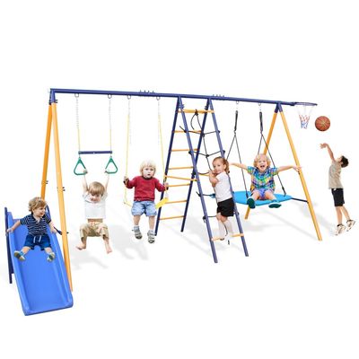 7 in 1 Kids Swing Set for Backyard Outdoor Play - Heavy Duty Metal A-Frame with Slide, Climbing Ladder, Swing Seats & Gym Ring