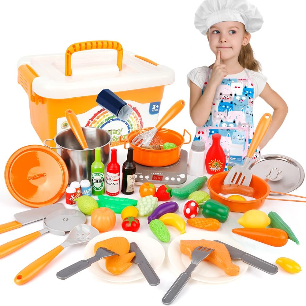 Alomejor Kids Kitchen Play Set,Kids Cooking Set,with Pots, Pans, Utensils, Vegetables Fruits, Girls, Boys