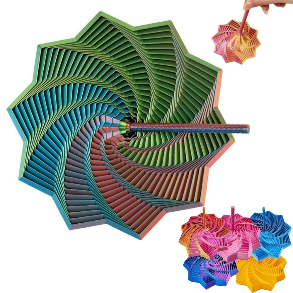 3D Printed Expanded Sensory Fidget Star - 3D Expanded Sensory Fidget Star with Handle, Colorful Whirling Spiral Design, for Relieving Stress, Irritability and Relaxation (Deep, M-19rings)