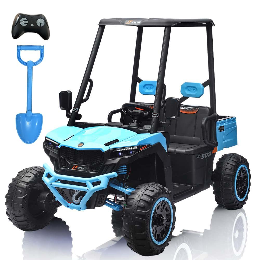 24V Kids Golf Cart, 4WD 2 Seater Ride on Car w/Sun Shade, Storage Trunk & Remote Control, Electric Vehicle w/LED Lights, Realistic Sounds & Wireless Connection, Gift for Boys Girls 3+ (Blue)