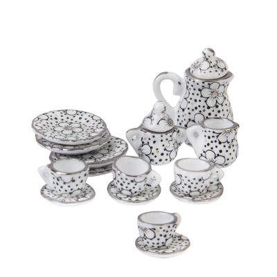 15pcs Dining Ware Porcelain Tea Set Dish Cup Plate 1/12 Dollhouse Miniature Daisy Pattern White Black