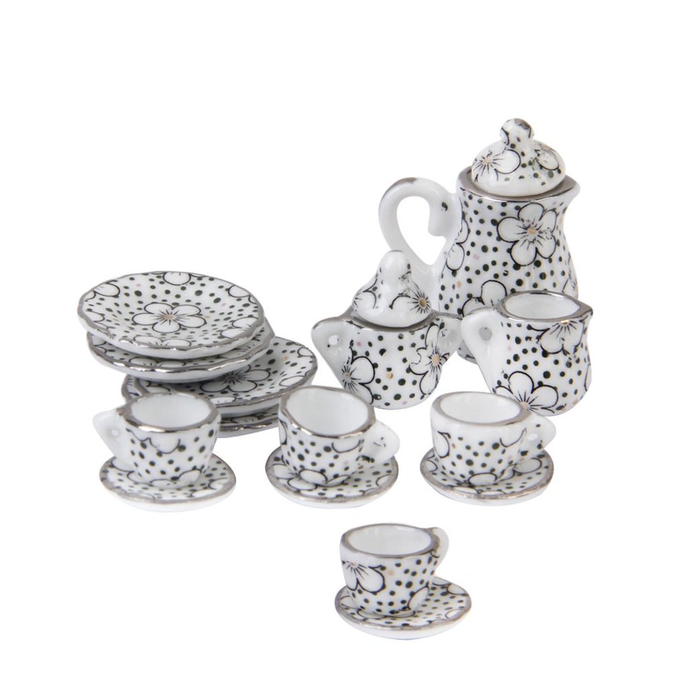 15pcs Dining Ware Porcelain Tea Set Dish Cup Plate 1/12 Dollhouse Miniature Daisy Pattern White Black