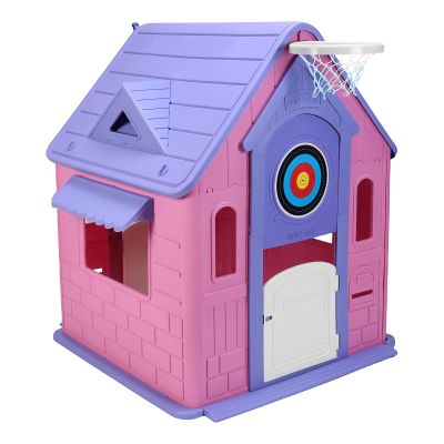 Generic Indoor/Outdoor Playset with Basketball Hoop Dartboard Garden Games Cottage Plastic Playhouse for 2-5 Years (Light Pink)