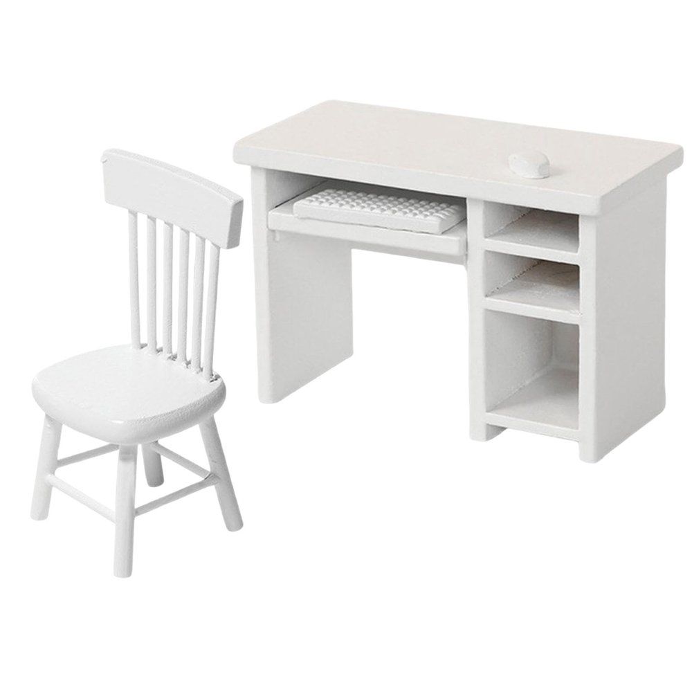 1:12 Miniature Computer Desk and Chair Set Wood Office Desk Modern Study Table Model White Dollhouse Furniture