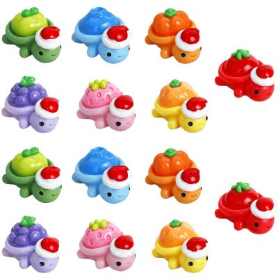 14PCS Mini Resin Turtles with Christmas Hat, Fruit Theme Turtle Figurines, Resin Animal Miniature Decor, Christmas Theme Figurine for Landscape Dollhouse Micro Fairy Garden Decoration Ornament