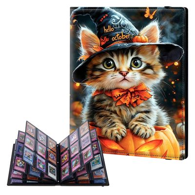ETLKJVBL 9 Pocket Trading Card Binder, Card Collection Book for MTG TCG Baseball & Sports, Spooky Season Kitten in Pumpkin Top Loader Holder Album for Collector