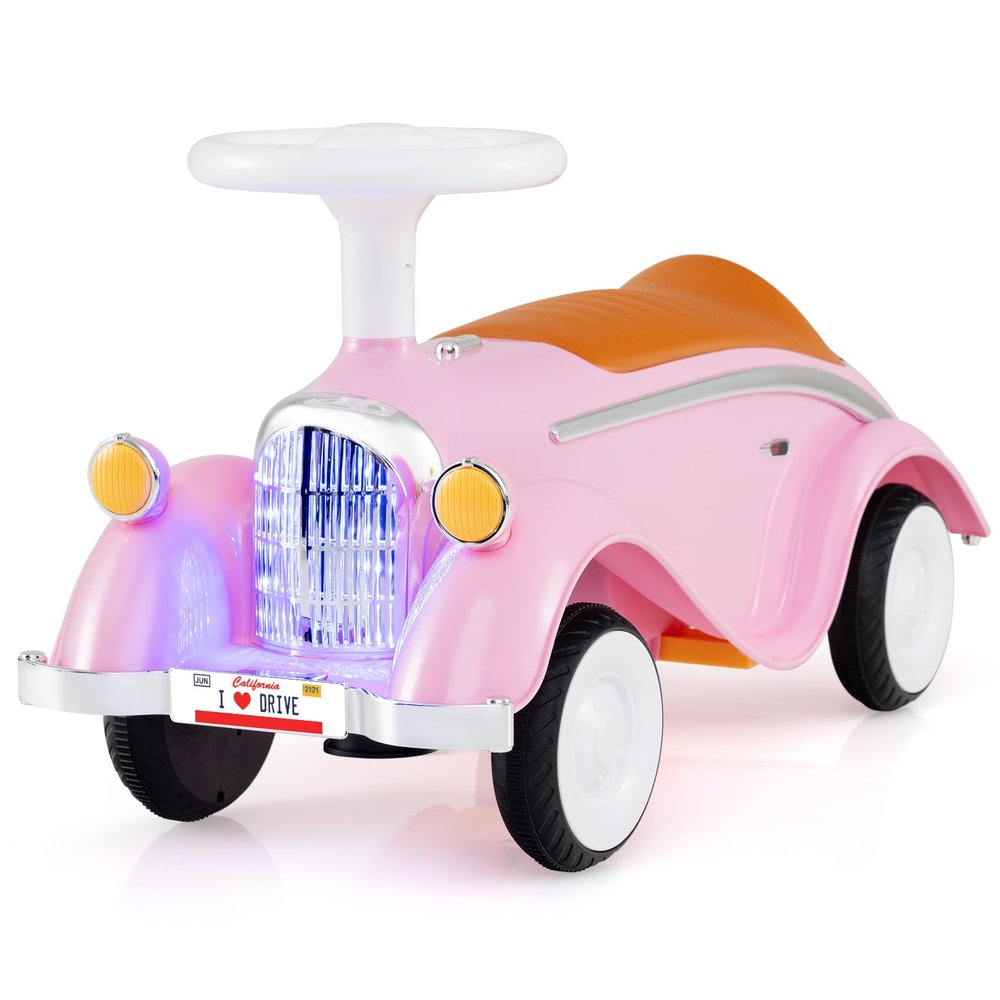 Costzon Toddler Ride On Toy, Classic Foot to Floor Sliding Car w/Steering Wheel, Horn, Headlights & Under Seat Storage, Kids Push Ride-Ons, Retro Baby Ride On Toys for Boys Girls 19-36 Months (Pink)