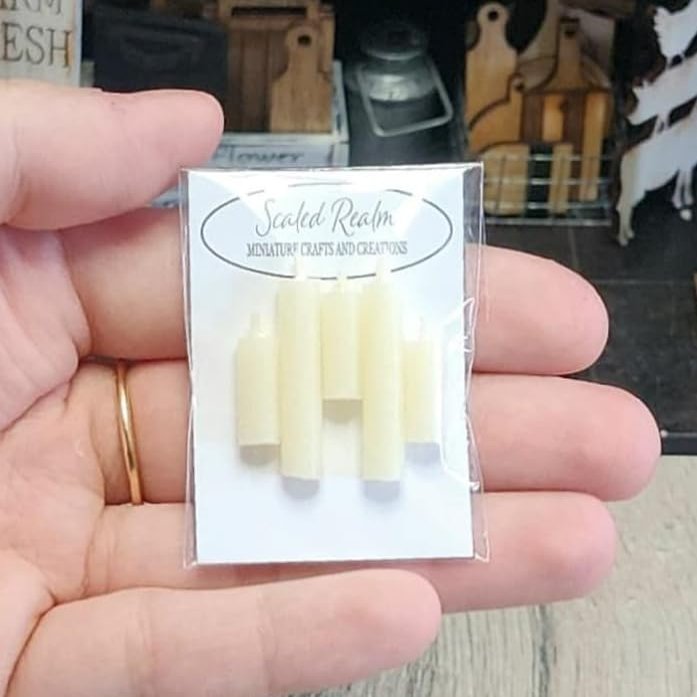 Morezmore M00860 5pc Miniature Candle Set 1:12 or 1:6 Scale White Real Beeswax for Dollhouse Decor Fairy Garden Diorama QC1