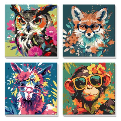 4 Pack Paint by Numbers Kit for Kids Beginner with Wooden Frame, Fantasy Owl, Fox, Llama, Monkey, Paint by Numbers Kit for Adults, Animal with Flowers, DIY Painting Kits for Home Wall Decor 8x8 inch