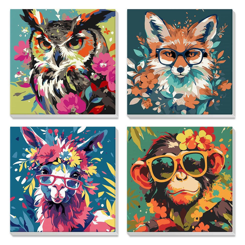 4 Pack Paint by Numbers Kit for Kids Beginner with Wooden Frame, Fantasy Owl, Fox, Llama, Monkey, Paint by Numbers Kit for Adults, Animal with Flowers, DIY Painting Kits for Home Wall Decor 8x8 inch