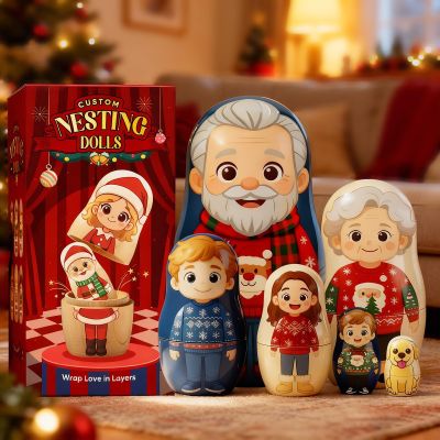 Personalized Portrait Nesting Dolls - Custom Cartoon Style Family Russian Matryoshka Dolls with Photo - Christmas Birthday Thanksgiving House Warming Gift for New Home, Parents, Grandparents, Couples