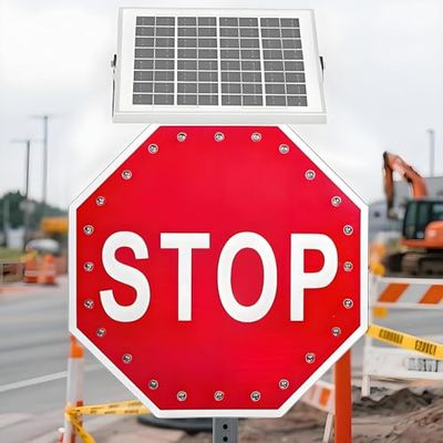24" Solar Stop Sign - Solar Powered LED Flashing Traffic Sign, Durable Aluminum Octagon Design, IP65 Waterproof, Rust-Proof, Day/Night Visibility for Enhanced Road Safety