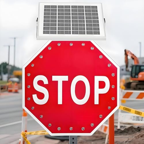 24" Solar Stop Sign - Solar Powered LED Flashing Traffic Sign, Durable Aluminum Octagon Design, IP65 Waterproof, Rust-Proof, Day/Night Visibility for Enhanced Road Safety