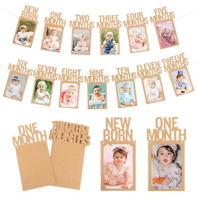 1st Birthday Photo Banner Khaki First Birthday Banner for Baby Photo Garland with Frame for Newborn to 12 Months, Boy or Girl Monthly Milestones Garland, Party Hanging Supplies